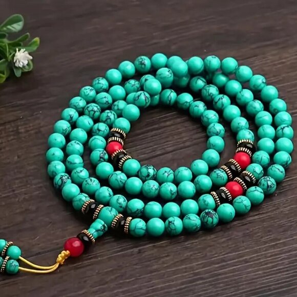 Handmade Dyed Green Turquoise Howlite Bead Stretch Necklace - 29 inches #1540 - Picture 1 of 5